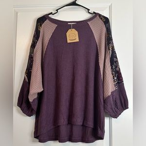 Kori waffle top with sheer sleeves